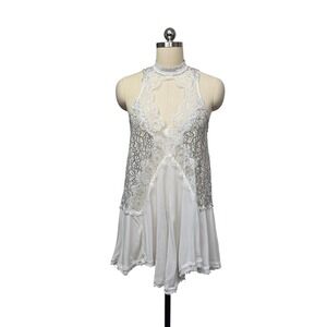 Free‎ People White Lace Halter Neck Mini Dress Boho Festival Fringe